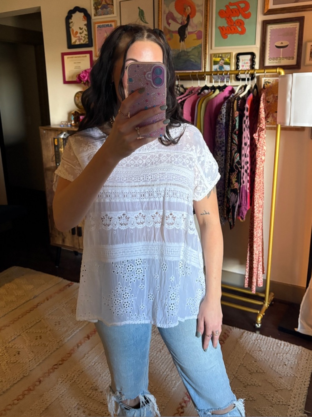 Johnny Was White Floral Embroidered Lace Lightweight Tunic Top - Picture 7 of 11